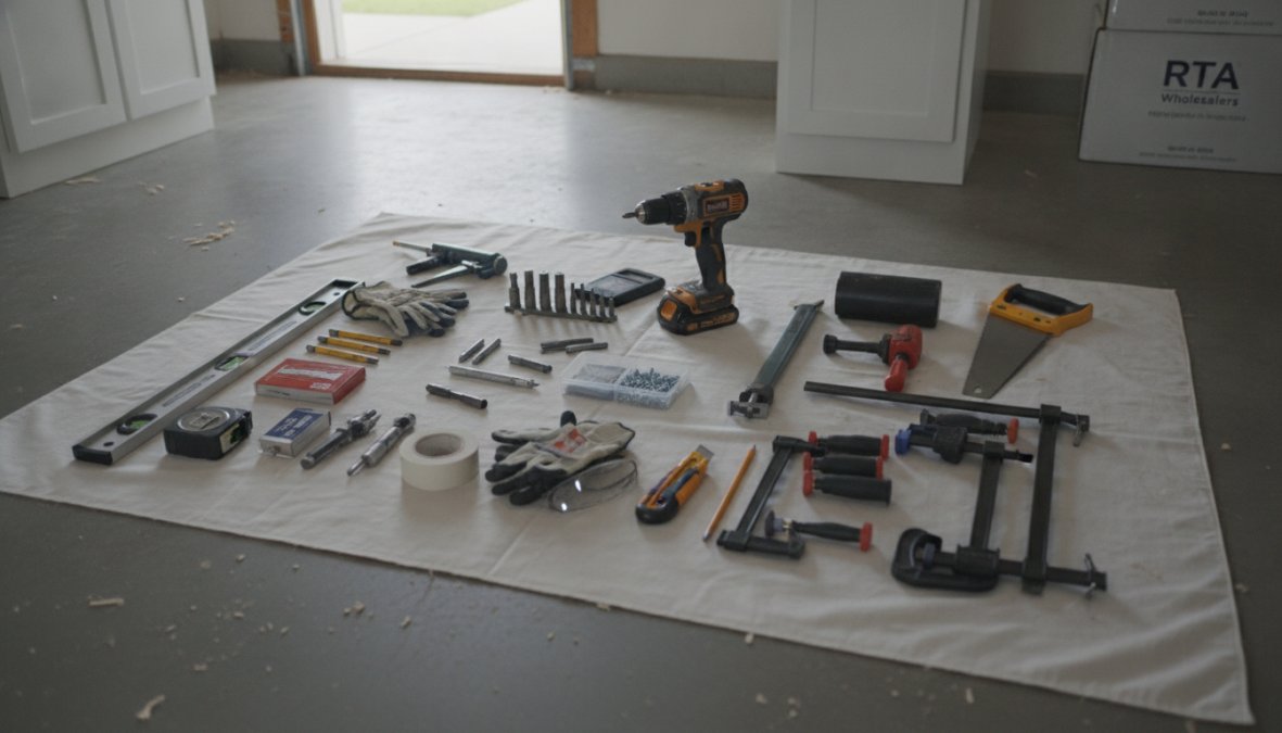 Organized workbench displaying essential cabinet installation tools: cordless drill, 24-inch level, measuring tape, combination square, rubber mallet, clamps, fasteners, and hardware laid out on wooden surface with natural workshop lighting