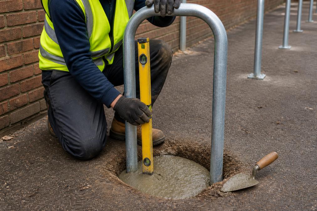 A worker in high-visibility clothing positioning a galvanised Sheffield bike stand upright in a freshly dug post hole filled with wet concrete, with a spirit level resting against the stand and a trowel nearby on the ground