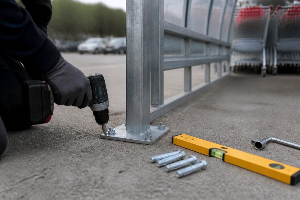 Galvanised steel base of shopping trolley bays being bolted into a concrete car park surface with tools nearby.