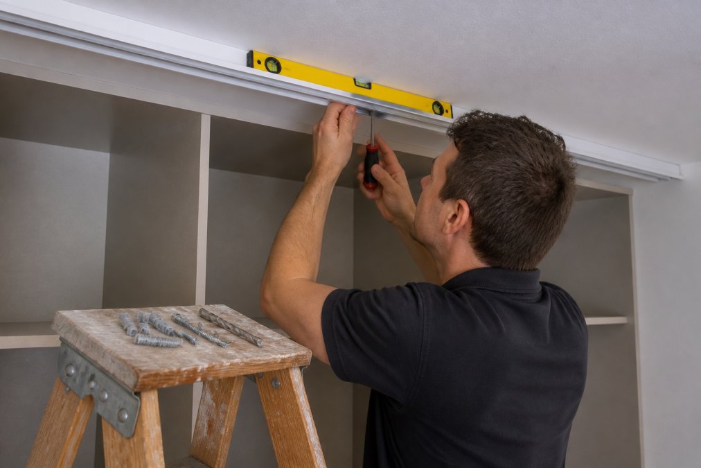 Close-up of a person using a spirit level and pozidrive screwdriver to fix a top track to a ceiling in a bedroom wardrobe alcove, with wall plugs and masonry drill bits visible nearby on a wooden step ladder