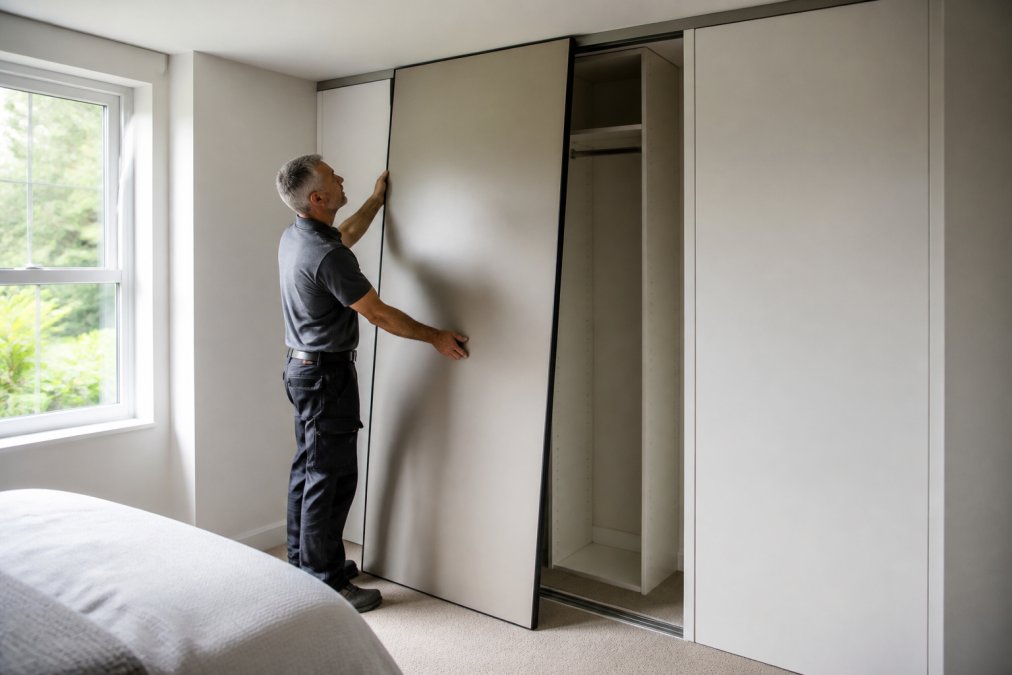 A person carefully lifting a large sliding wardrobe door panel into the top track in a tidy bedroom, with white wall liner panels already fitted on either side of the wardrobe opening, natural daylight coming from a window to the left