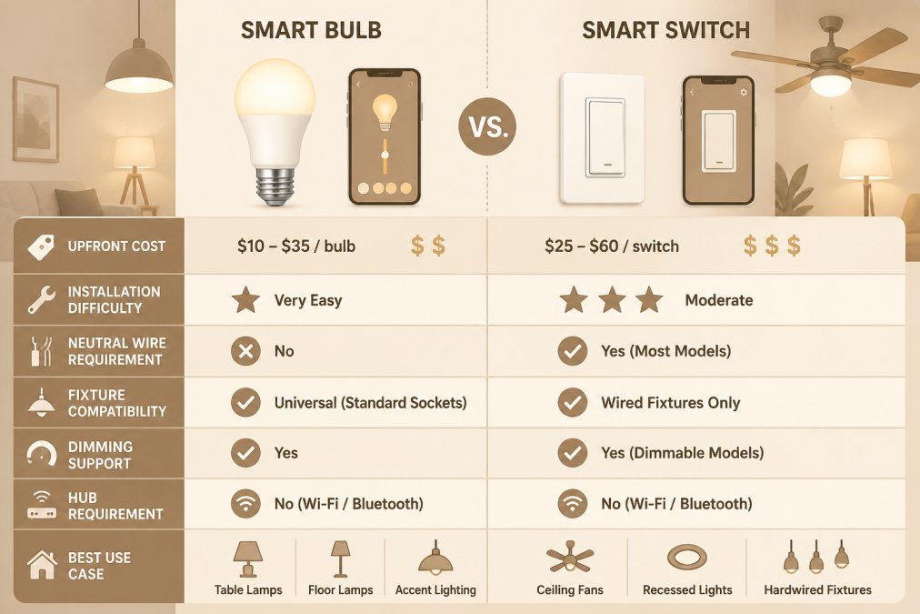 Comparison matrix of smart bulb vs smart switch across upfront cost, installation difficulty, neutral wire requirement, fixture compatibility, dimming support, hub requirement, and best use case