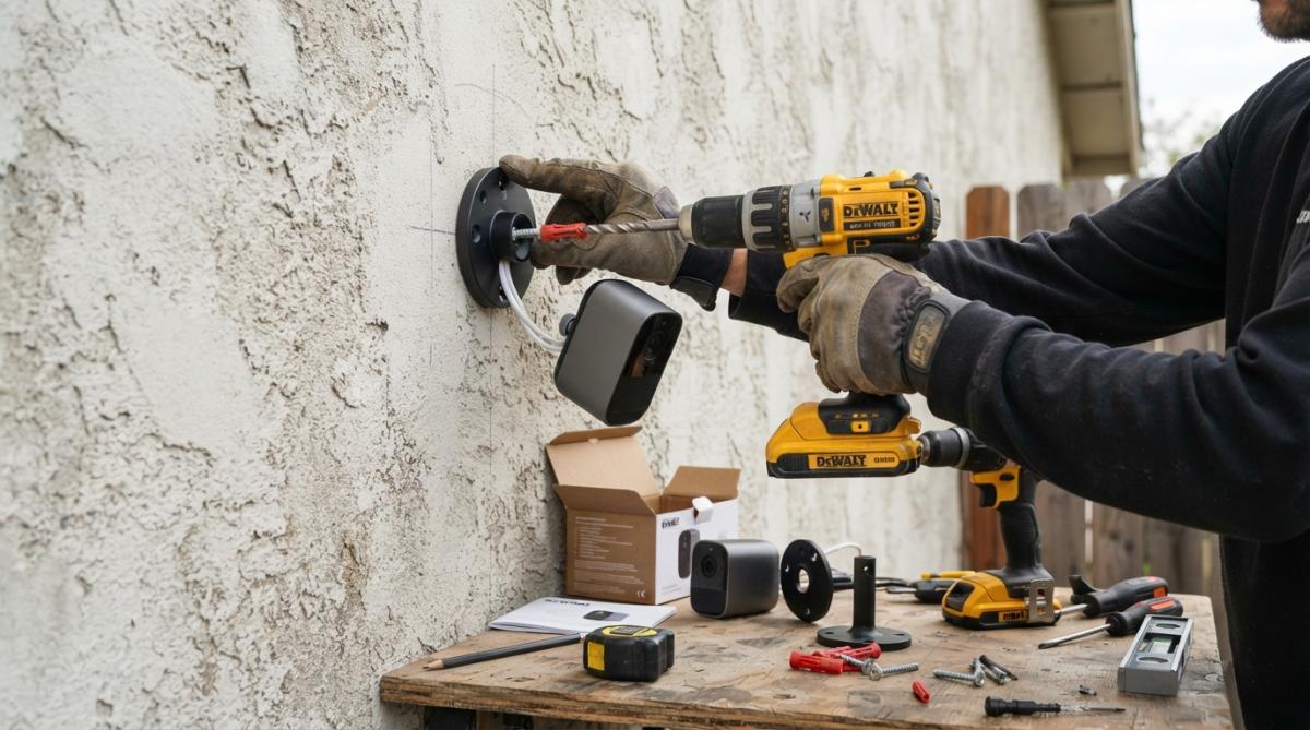 Professional hands demonstrating how to install smart security cameras for outdoor use by positioning a mounting bracket against an exterior wall with a drill and concrete anchor