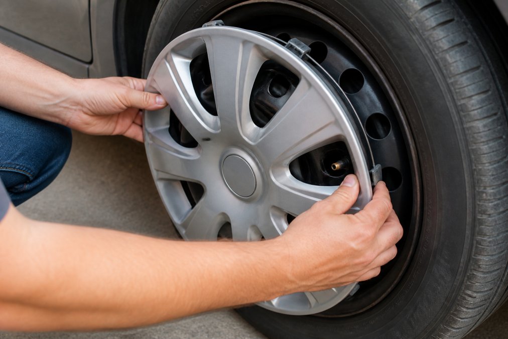 Close-up of hands installing a snap-on wheel cover onto a steel wheel, showing the valve stem hole aligning with the tire valve and snap clips beginning to engage with the rim