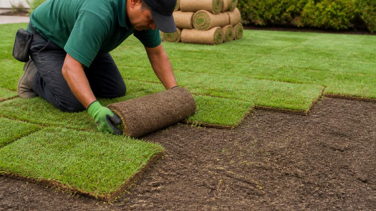 Professional landscaper laying fresh sod rolls on prepared soil, showing proper staggered pattern alignment and technique