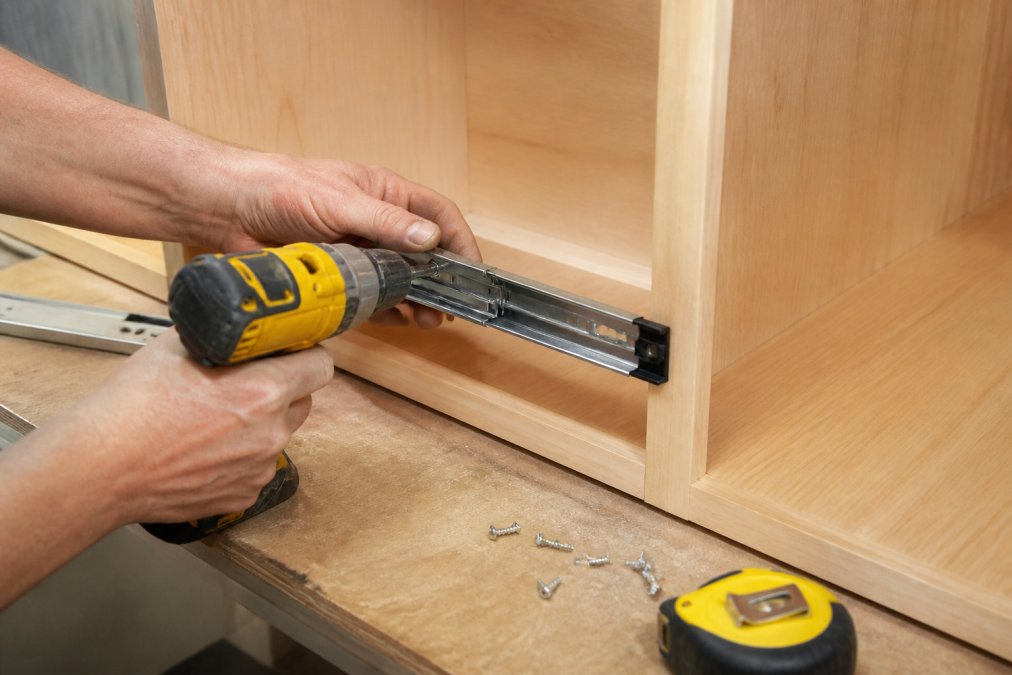 Person using a cordless drill to mount soft close drawer slides inside a wooden kitchen cabinet frame