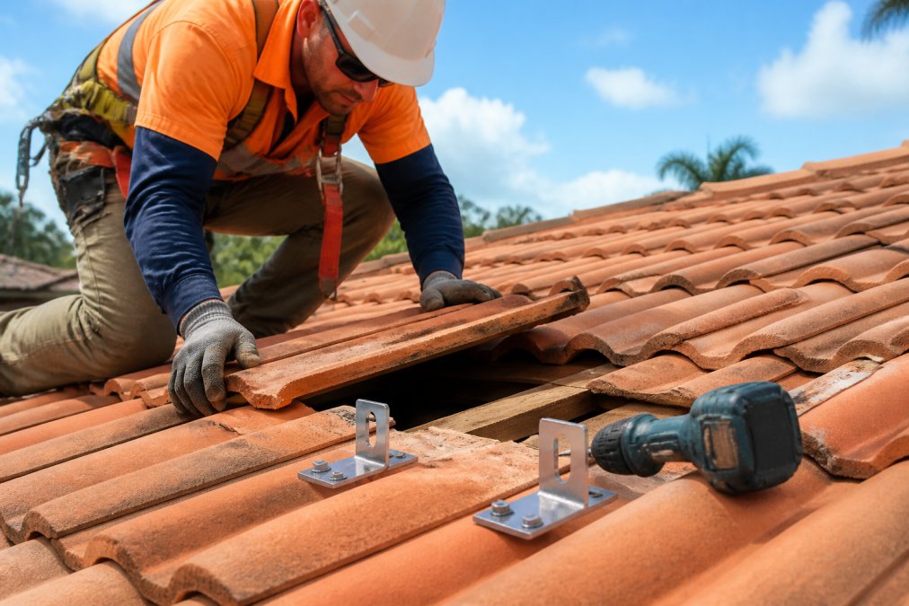 A solar installer in safety gear carefully lifting a terracotta tile on a residential roof to expose the rafter underneath, with mounting brackets and tools visible nearby in bright daylight