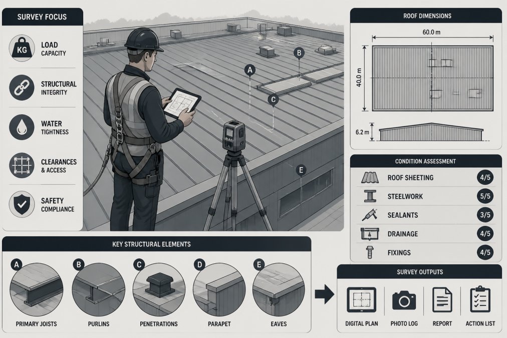 Professional surveyor measuring and documenting industrial rooftop structural elements with digital tools and safety equipment, natural daylight showing roof dimensions and condition