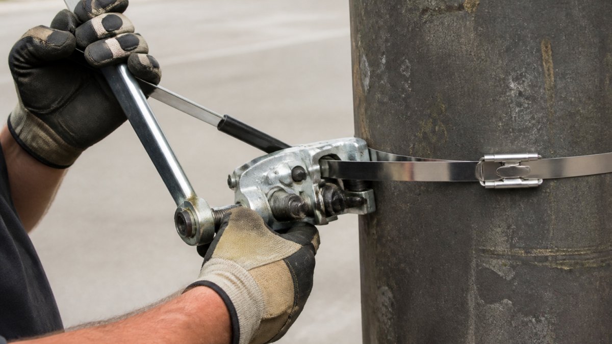 Close-up of gloved hands using a manual stainless steel banding tensioner to tighten a band around a metal pole, with a buckle visible and the tool engaged on the strap