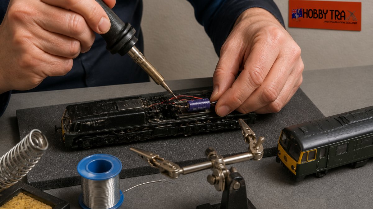 Modeller soldering a small capacitor to a locomotive chassis on a workbench