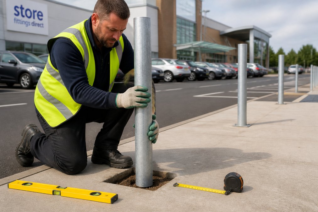 A worker in high-visibility clothing and safety gloves positioning a galvanised steel bollard into a prepared hole in a concrete surface outside a retail car park, with a spirit level and measuring tape on the ground nearby