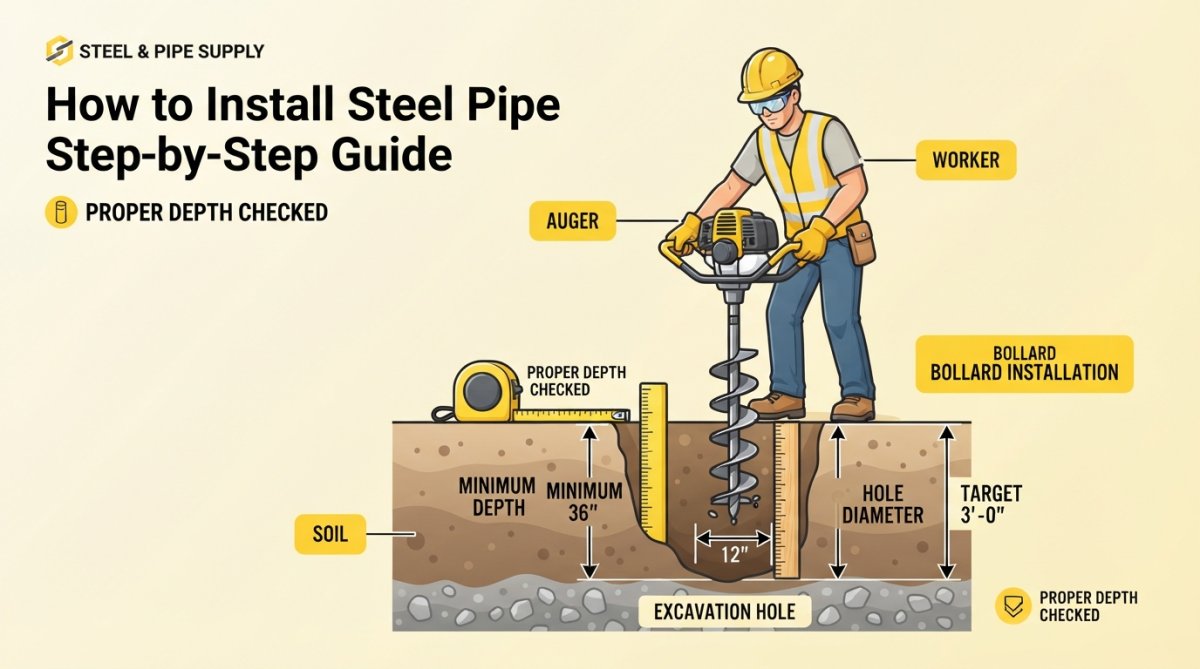 Process diagram showing steps for install steel pipe bollards