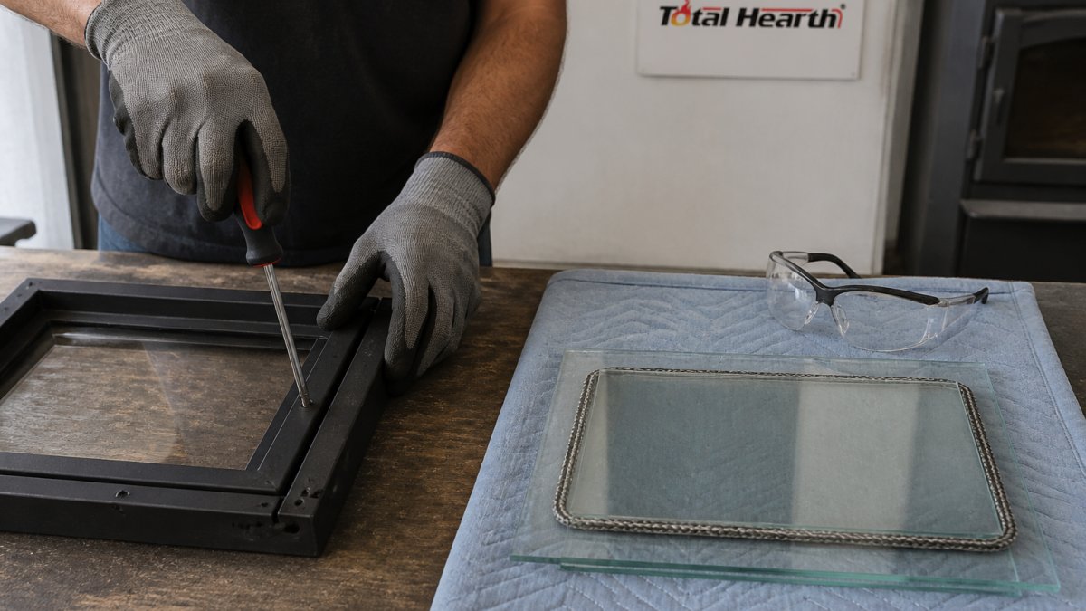 Gloved hands using a screwdriver to remove screws from a stove door frame on a workbench with safety goggles nearby