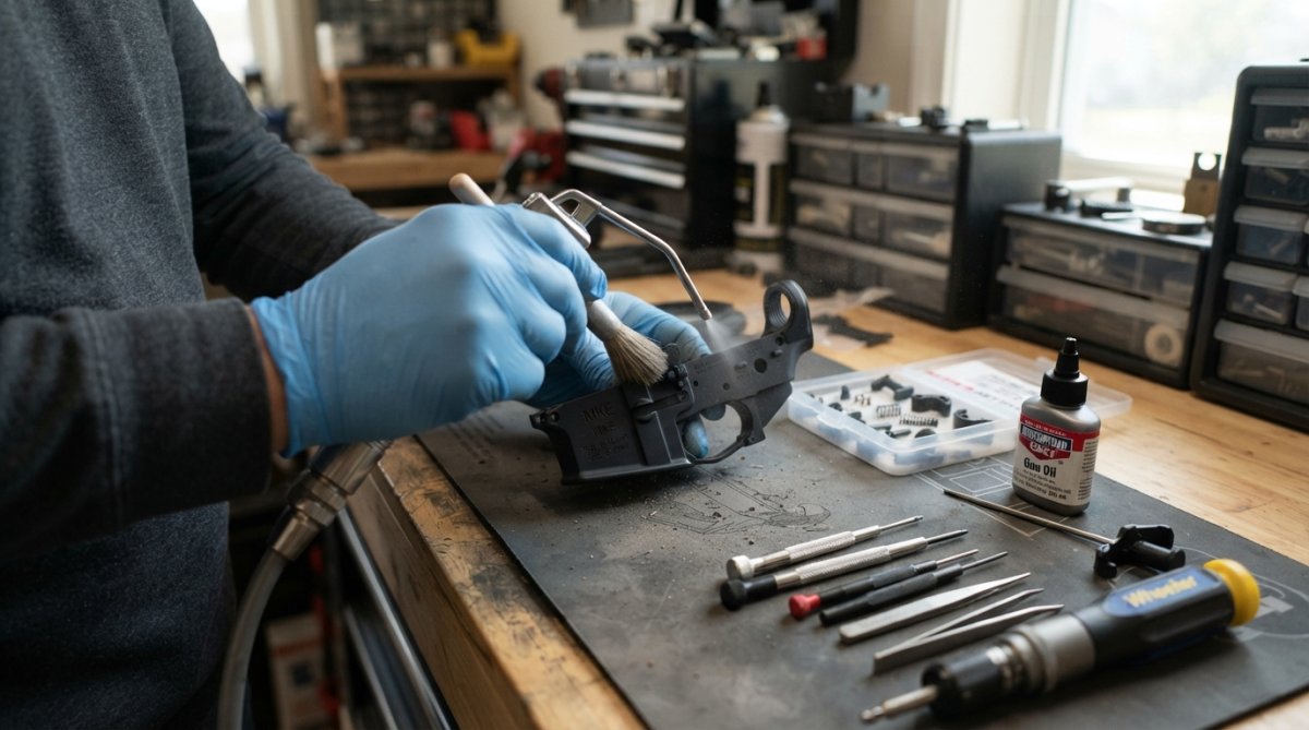 Hands carefully cleaning and inspecting a lower receiver with soft brush and compressed air, components organized on clean work surface with precision tools nearby