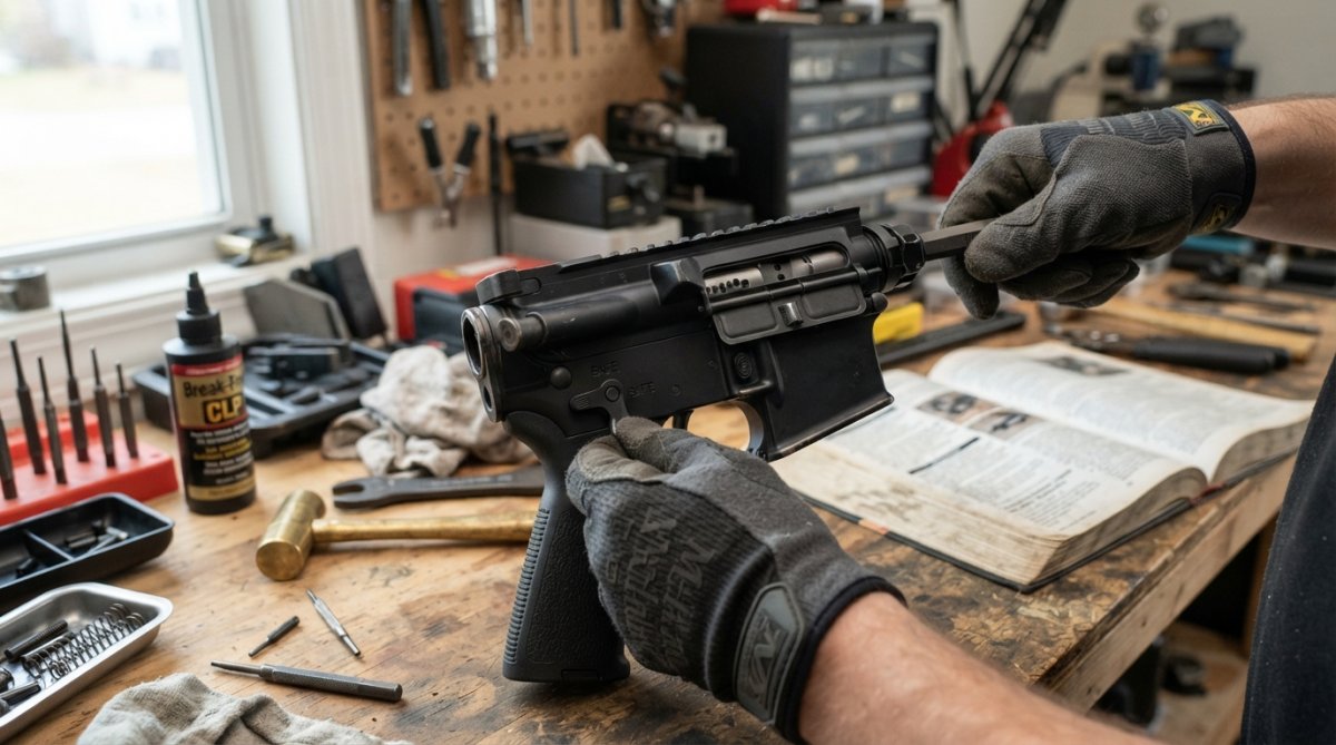 Hands performing detailed manual cycling test of super safety mechanism, demonstrating smooth lever rotation and bolt carrier group clearance during function check on work surface