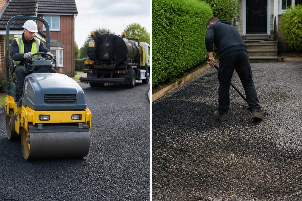 Professional paving team using vibrating roller compaction equipment on freshly laid tar and chip surface, with asphalt distributor vehicle visible in background on residential driveway