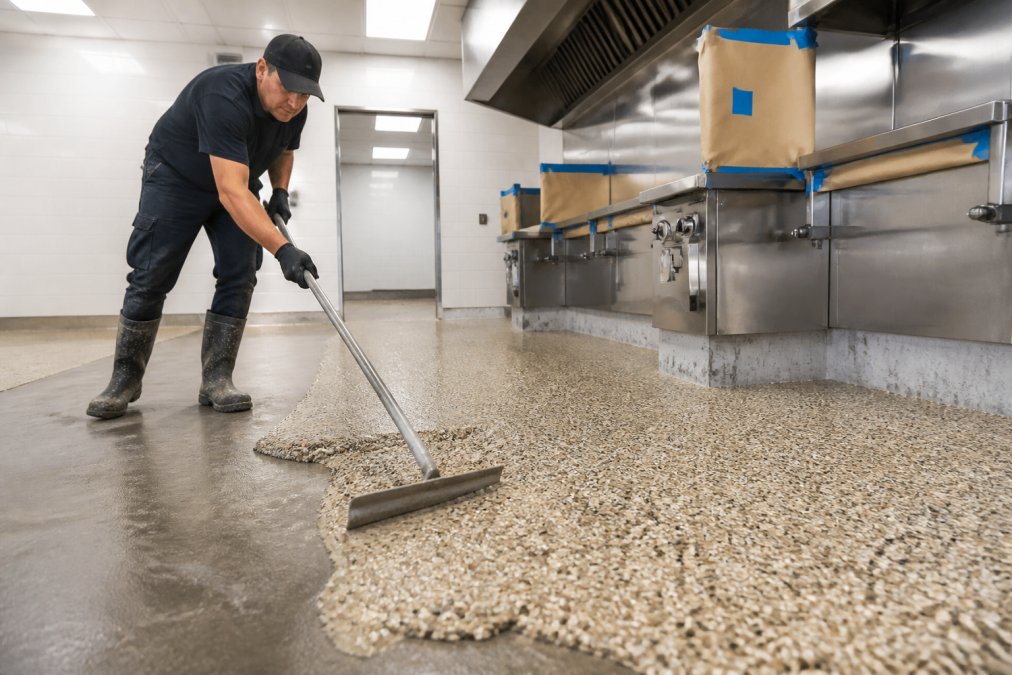 Professional installer using long-handled trowel to spread terrazzo mixture across commercial kitchen floor, showing consistent depth and leveling technique with straightedge, bright overhead lighting