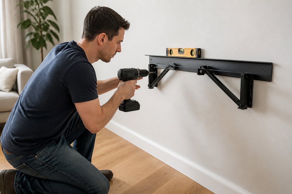 A person in a bright living room using a cordless drill to secure a steel wall mounted desk bracket into a wall stud, with a spirit level resting on the bracket and timber floorboards below