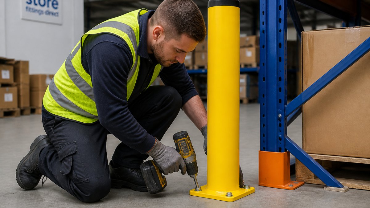 Professional worker securing a warehouse safety bollard to concrete floor using power drill and bolts, showing proper hand positioning and tool placement