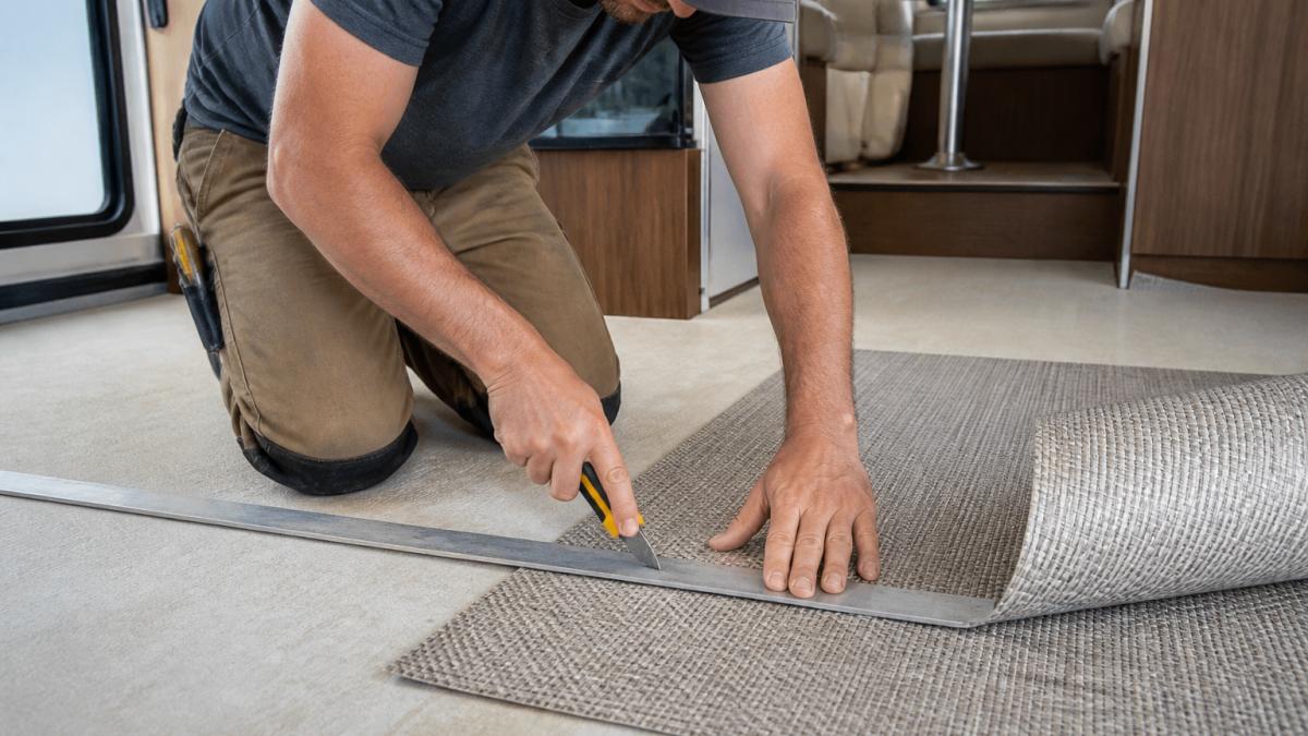 Professional technician measuring and marking woven vinyl flooring with a straightedge and utility knife on a clean subfloor, demonstrating proper cutting technique with natural workshop lighting