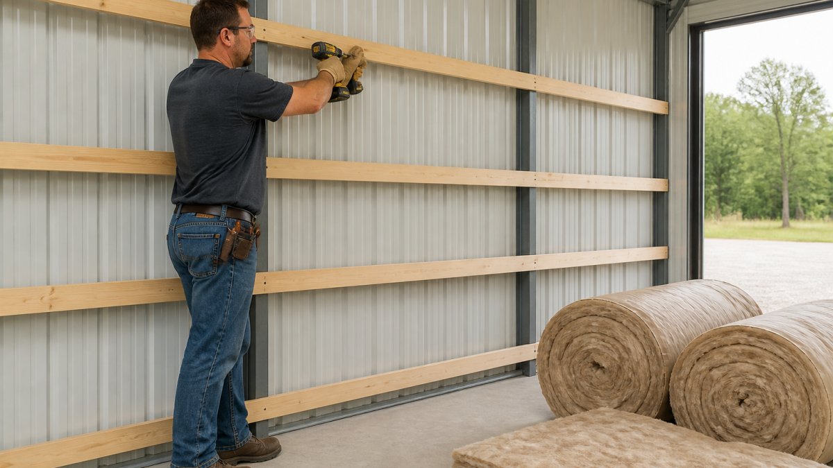 A person in work clothes and safety glasses attaching horizontal wood furring strips to the steel girts inside a metal building, with rolls of fiberglass batt insulation and a tape measure visible nearby