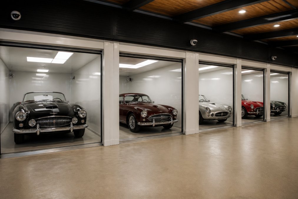 Well-organized classic car garage with climate-controlled storage units, security cameras mounted in corners, and several vintage automobiles parked in separate protective bays with white walls and bright LED lighting