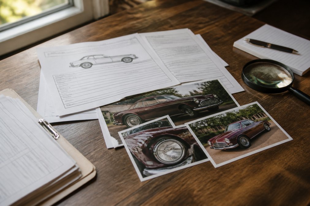 Close-up of appraisal documents, vehicle history records, and color photographs of a classic car spread across a wooden desk with a pen, notepad, and magnifying glass in natural window lighting