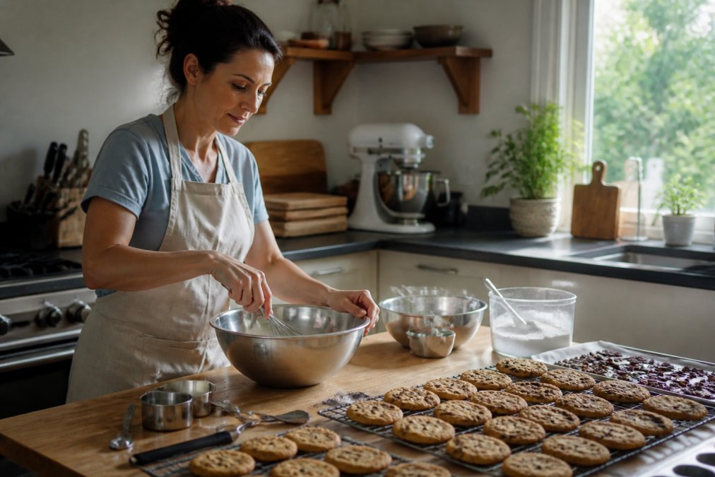 Home baker in a residential kitchen workspace with mixing bowls, measuring cups, fresh-baked cookies cooling on racks, and organized baking equipment on counters with natural window lighting