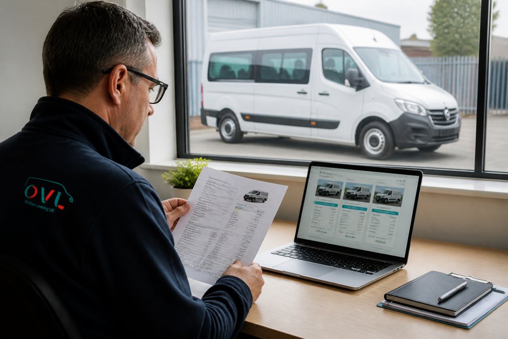 A fleet manager at a desk in a Northampton office reviewing insurance documents for a crew van, laptop showing a quote comparison page, a white crew van visible through the window in daylight