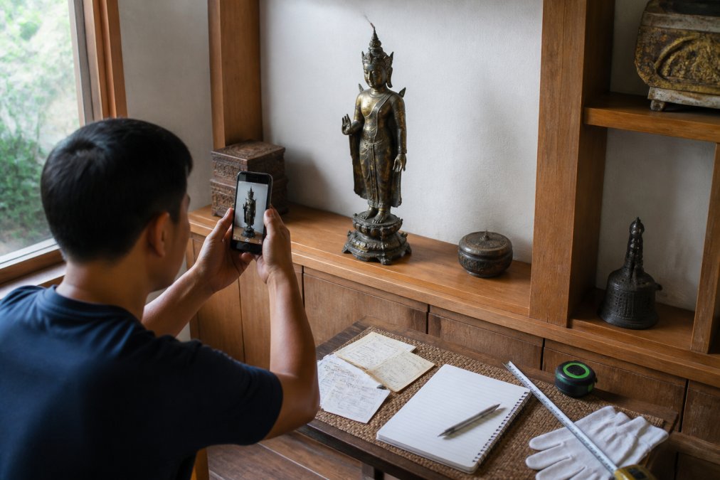 A collector photographing a bronze Buddhist sculpture on a wooden shelf with a smartphone, receipts and a notepad visible nearby, warm natural light from a window