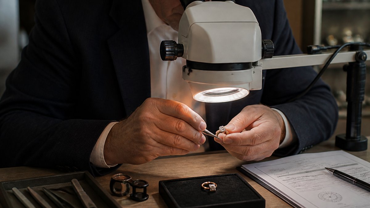 Professional jeweller examining an antique diamond ring under bright magnification light at a workbench, with valuation documents and gemstone testing tools visible nearby