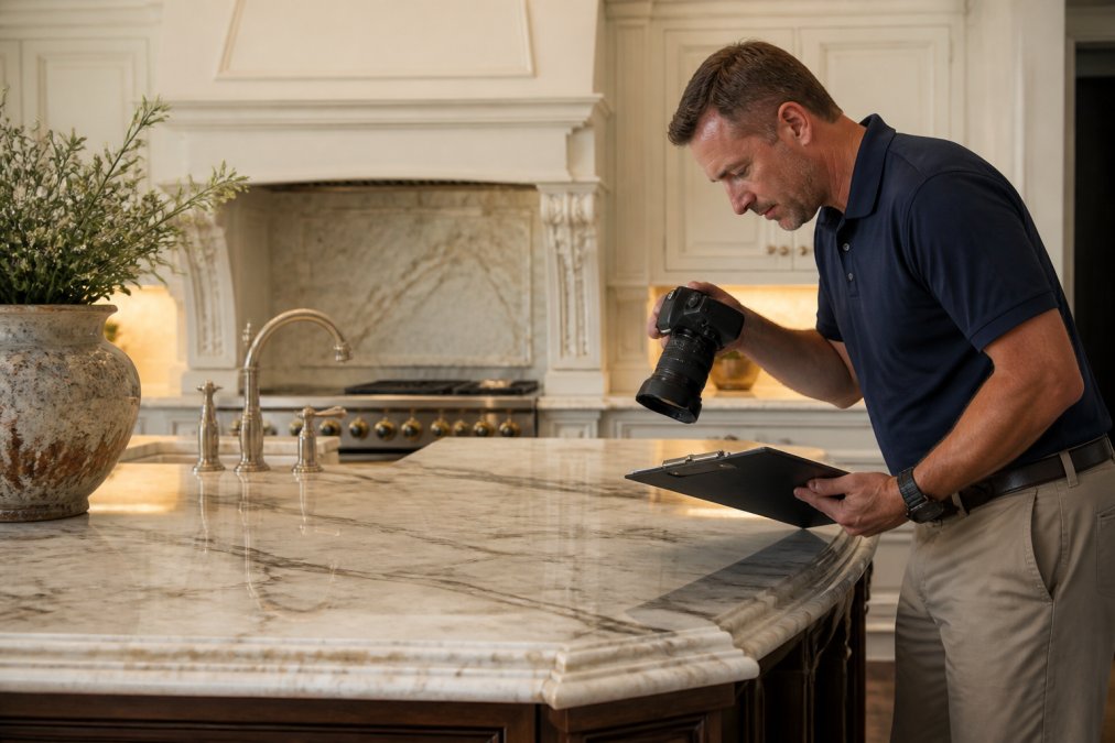 Insurance adjuster examining architectural details and custom finishes inside a luxury home, taking detailed photographs and notes of marble countertops, custom millwork, and high-end materials