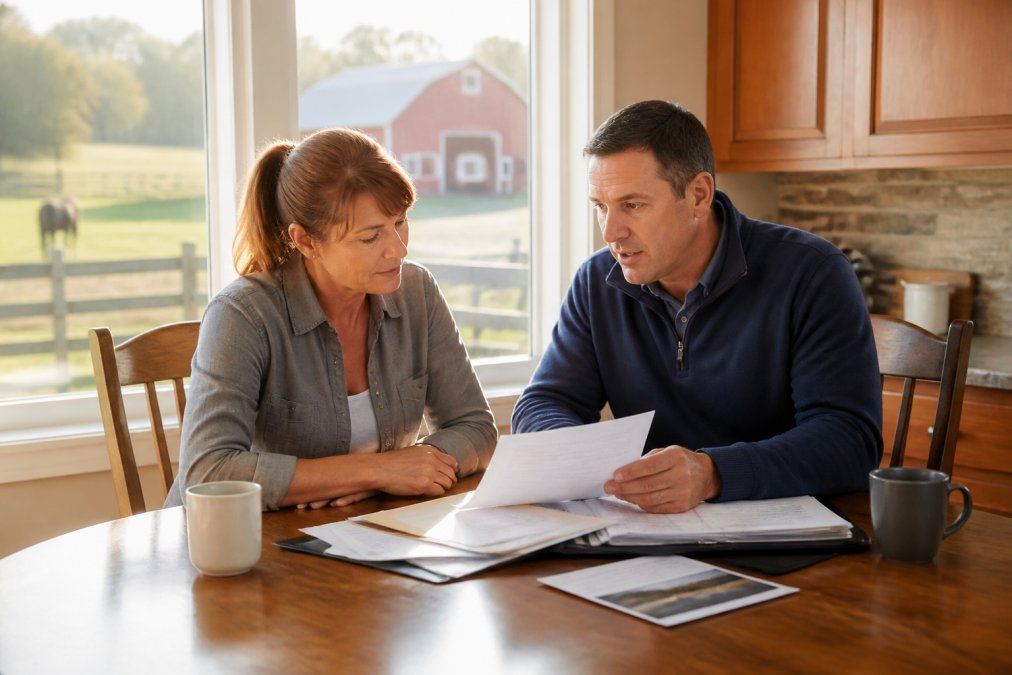 A horse owner and an insurance agent reviewing farm property documents at a kitchen table, with a barn and pasture visible through the window in soft morning light