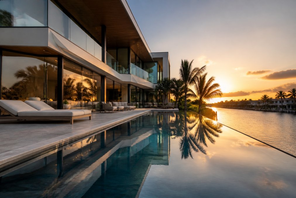 A luxury waterfront Florida home with modern architecture, floor-to-ceiling windows, and an infinity pool reflecting the late afternoon sun