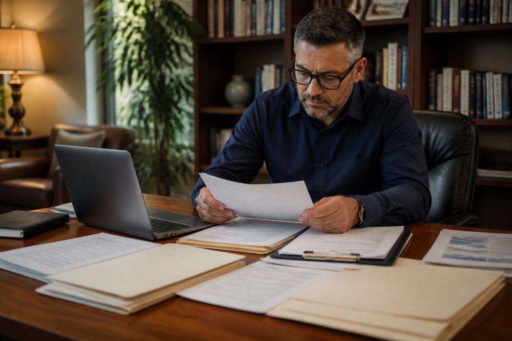 A real estate investor sitting at a desk reviewing property documents and insurance paperwork, with a laptop open and multiple folders spread across the table, warm office lighting