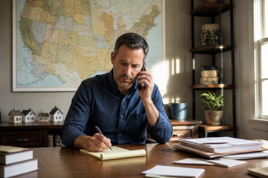 A landlord on a phone call in a home office, notepad and pen in hand, with a large map of the United States pinned to the wall behind the desk, natural afternoon light