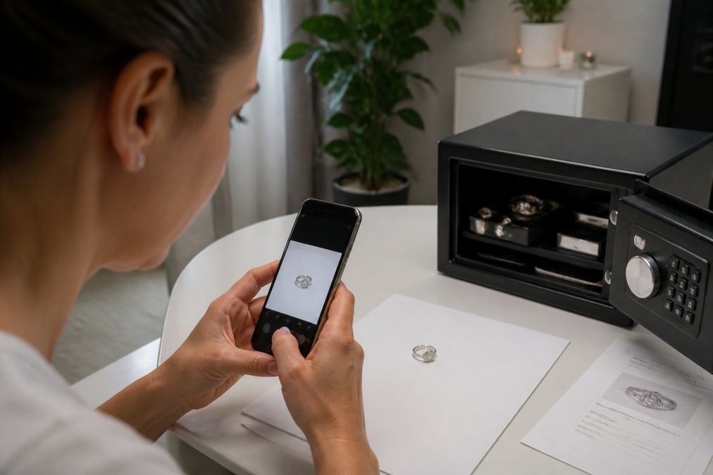 A person photographing a diamond ring on a clean white surface with a smartphone, a valuation certificate and a small home safe visible in the background