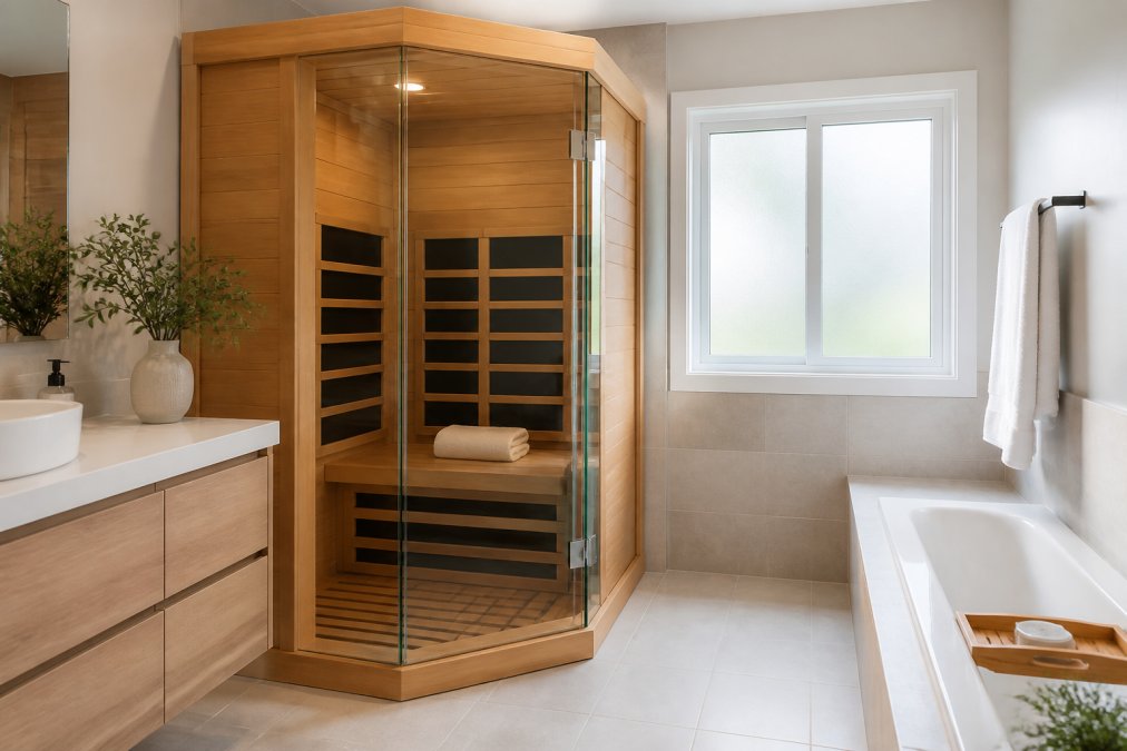 Compact two-person infrared sauna with hemlock wood panels installed in the corner of a bright modern bathroom