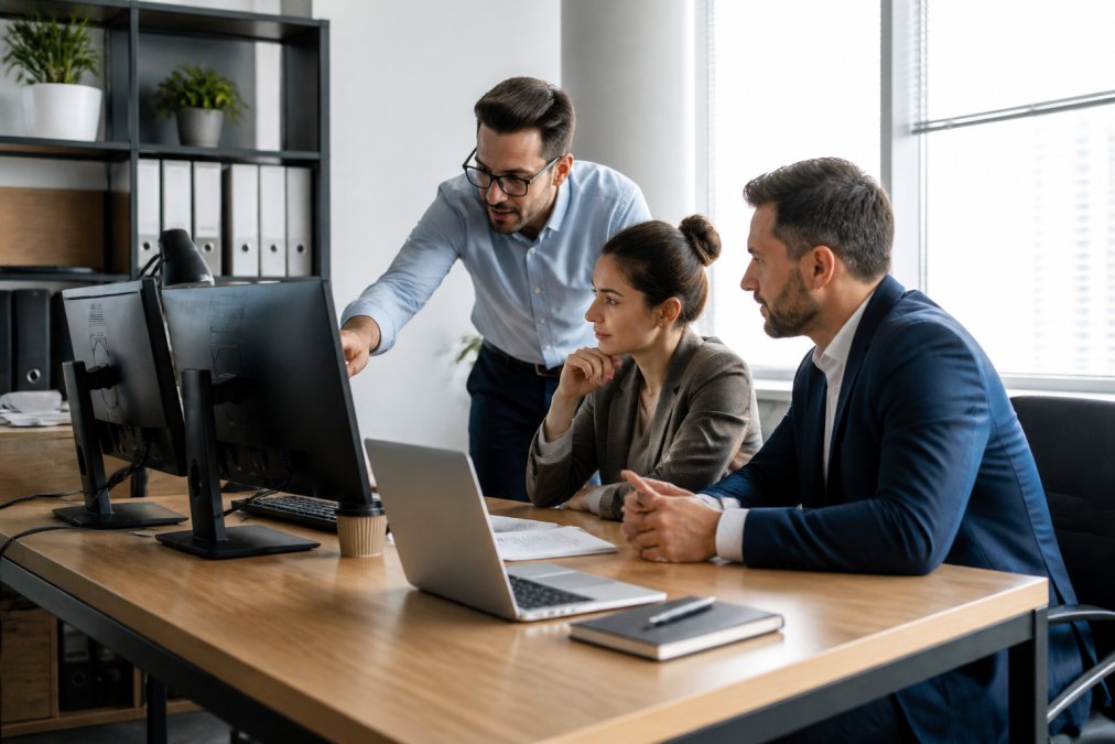 Marketing team members collaborating around a desk with multiple monitors displaying dashboards and analytics, reviewing campaign performance data together in a bright modern office