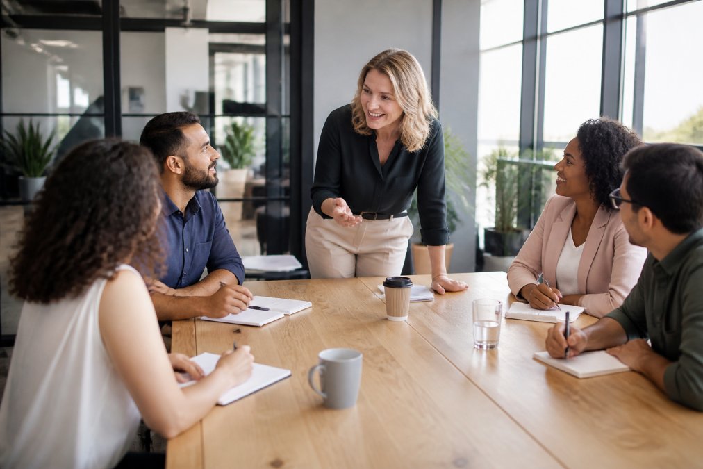A diverse group of marketing professionals gathered around a conference table during a training session in a modern office, with laptops open and collaborative energy, natural office lighting