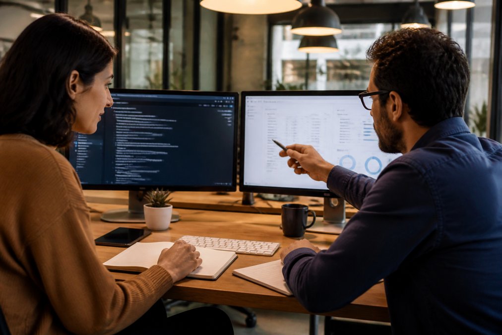 Sales manager and developer reviewing API documentation for AI sales agents on dual monitors in a modern office.