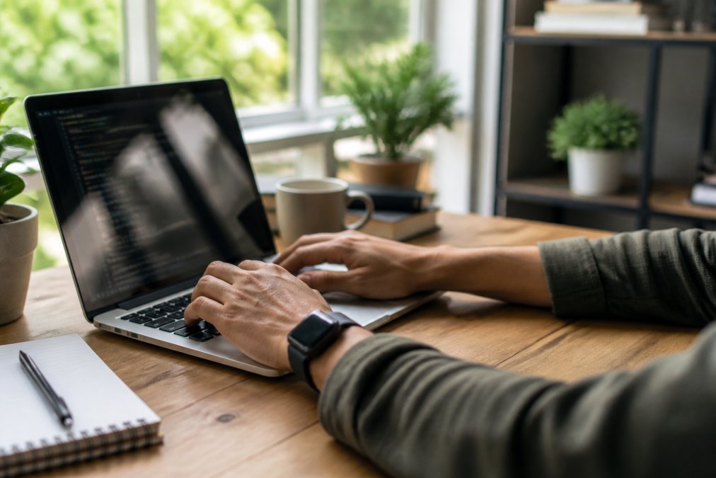 Close-up of a developer's hands typing code on a laptop with a HubSpot dashboard visible on the monitor in a bright home office
