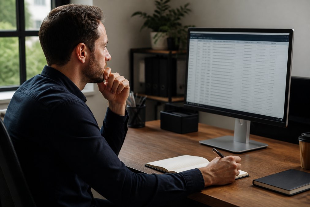 Professional reviewing CRM data on a computer monitor with a notebook and pen nearby, focused on planning and analysis in a modern office setting with natural lighting
