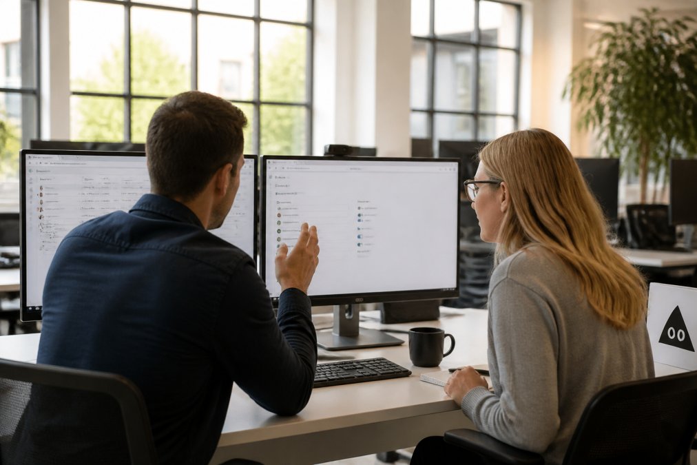 IT professional and operations manager sitting together at a desk with dual monitors showing a CRM dashboard, reviewing integration settings in a bright modern open-plan office with natural light coming through large windows