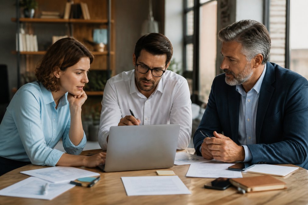 Team of three professionals in a modern office collaborating around a laptop, discussing software integration and automation workflows with papers and notes visible on desk