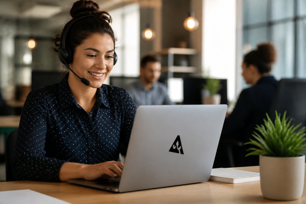 Customer service team member smiling while working on a laptop in a bright professional office, with a chat interface visible on screen showing an ongoing AI-assisted support conversation, warm ambient office lighting in the background