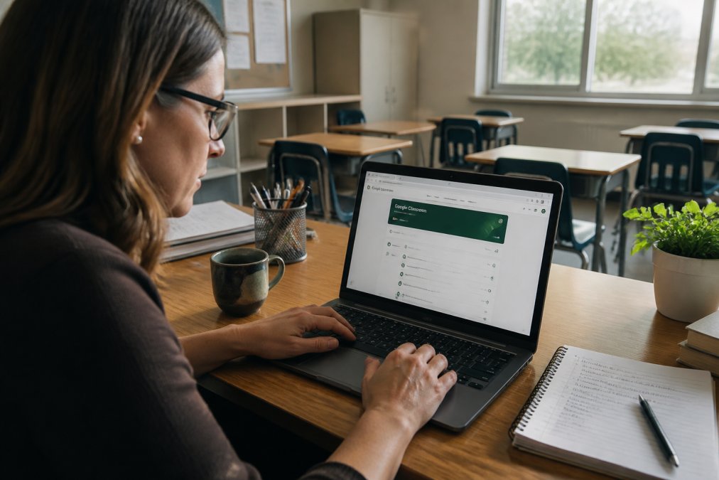 A teacher sitting at a desk in a bright classroom, configuring settings on a laptop with Google Classroom open on screen, a notepad with handwritten steps beside them, warm natural light from a window