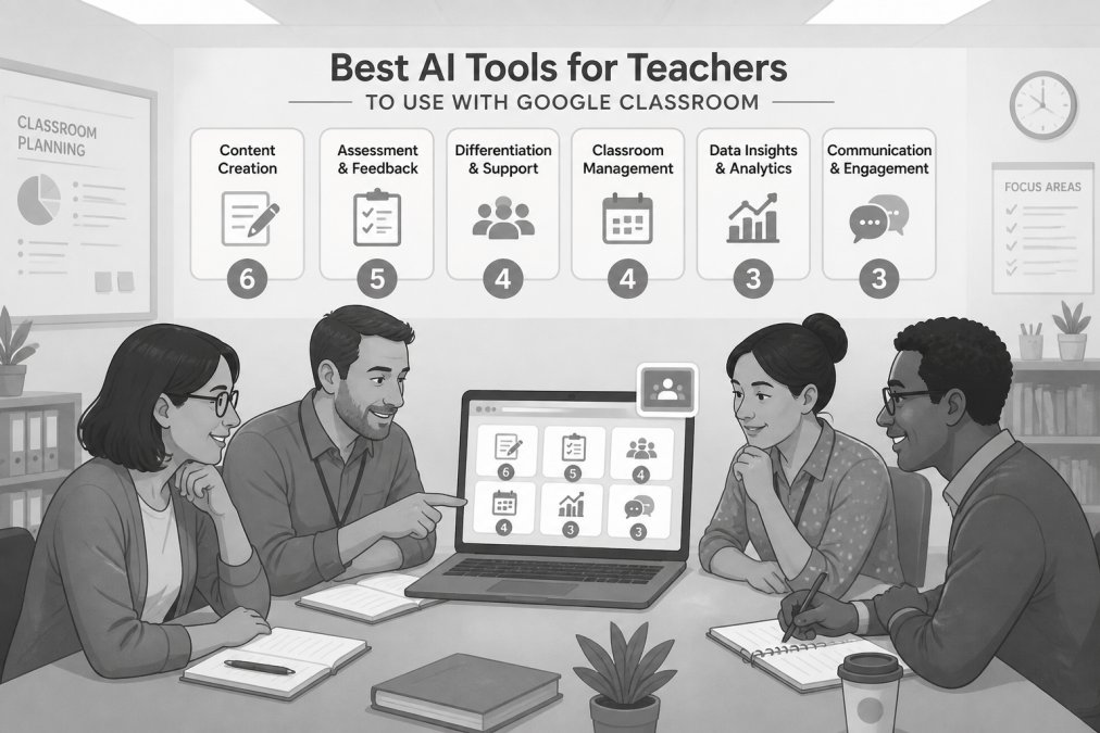 A group of teachers gathered around a table in a school staffroom, reviewing AI tool options on a shared laptop screen, engaged in discussion, fluorescent overhead lighting, whiteboards visible in background