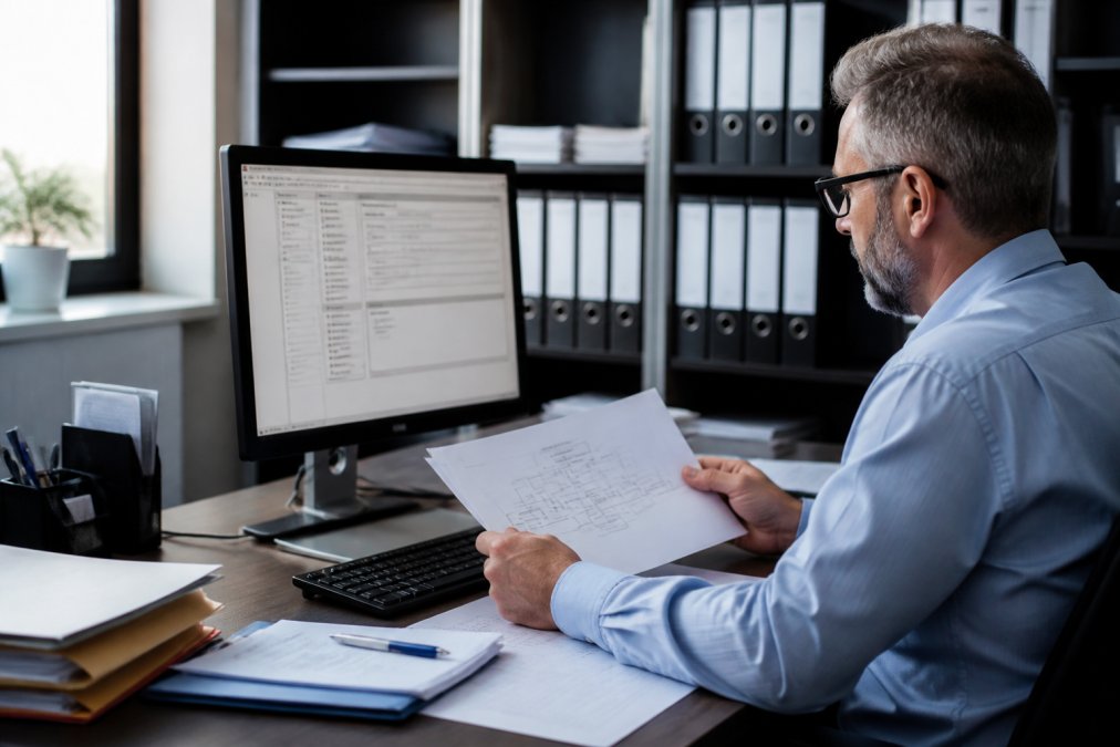 Business manager reviewing POS system architecture documentation and network diagrams on a computer monitor in a retail office setting with filing cabinets and business records visible