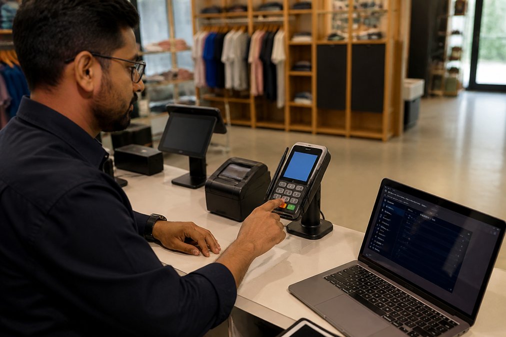 Developer testing a POS terminal at a checkout counter with payment processing, monitoring dashboard visible on a nearby laptop showing real-time transaction data